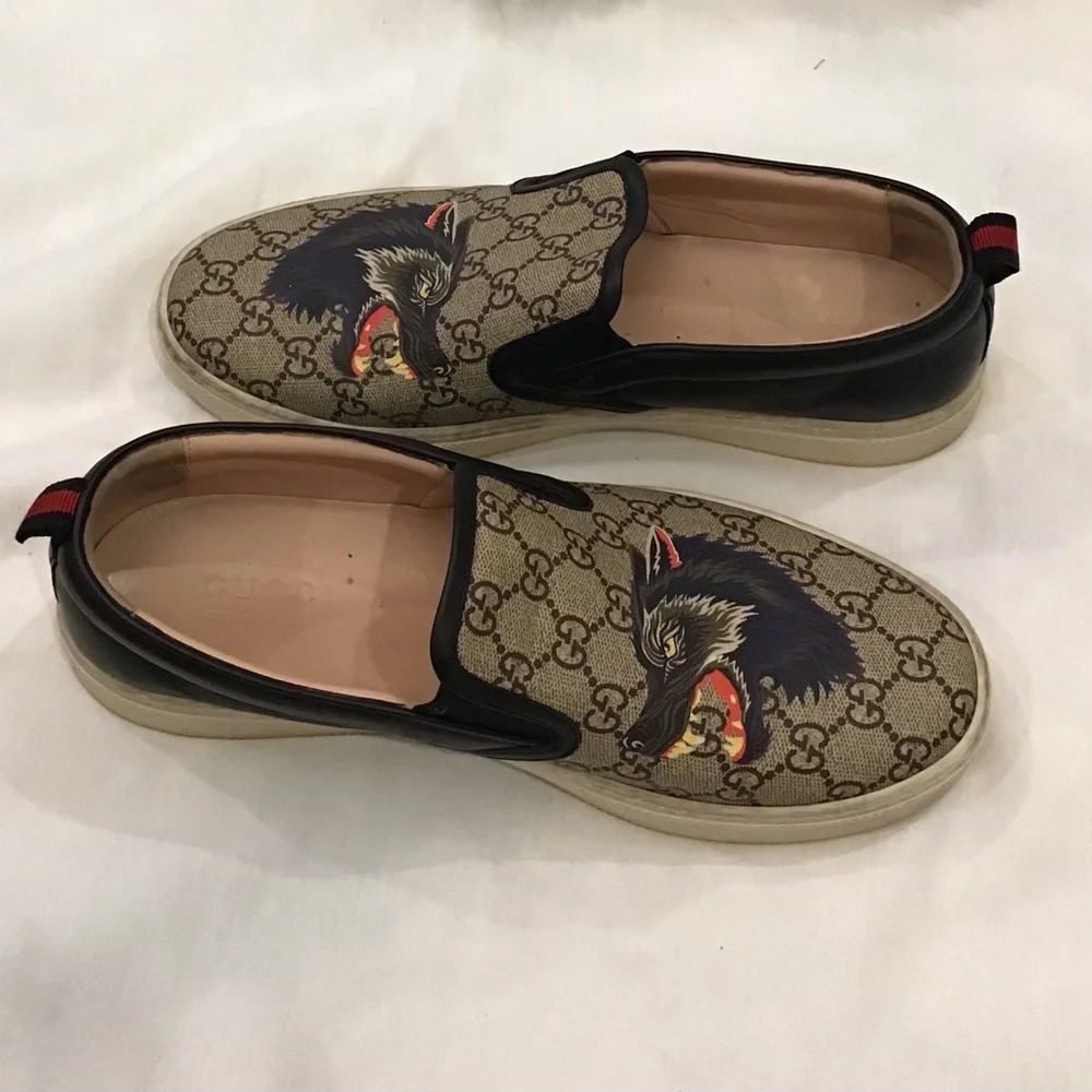 Gucci Tan Monogram Slip-On Loafers with Wolf Motif